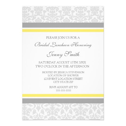 Lemon Gray Damask Photo Bridal Luncheon Invitation