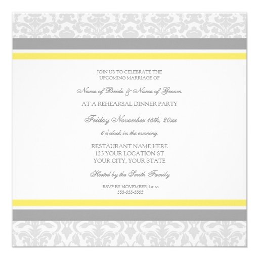 Lemon Gray Damask Rehearsal Dinner Party Personalized Invitation