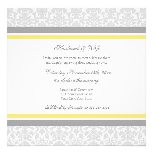 Lemon Gray Damask Wedding Vow Renewal Invitations