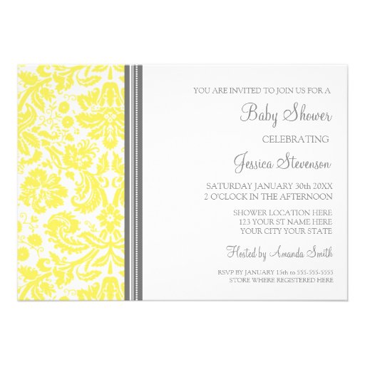 Lemon Grey Damask Custom Baby Shower Invitations