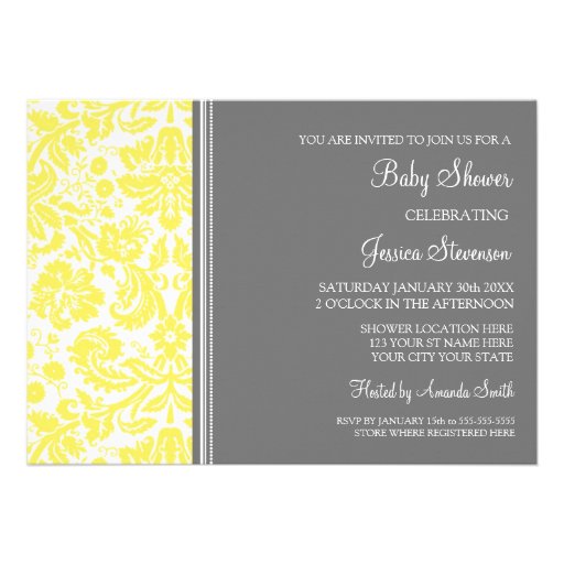 Lemon Grey Damask Custom Baby Shower Invitations
