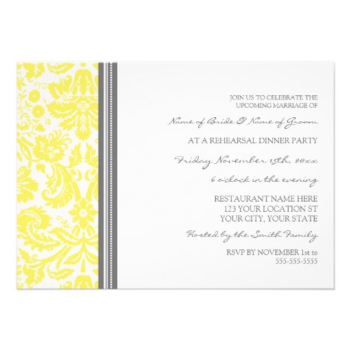 Lemon Grey Damask Rehearsal Dinner Party Personalized Invite