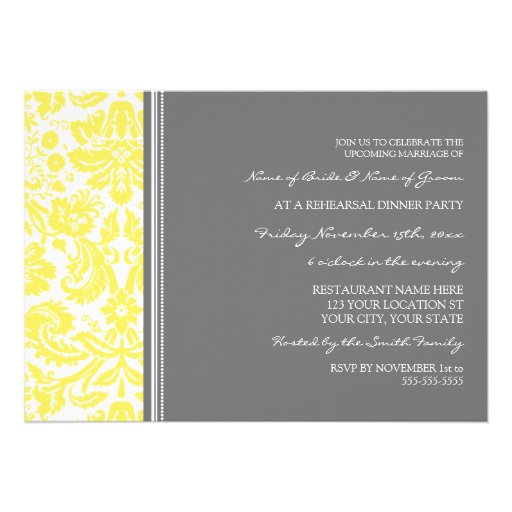 Lemon Grey Damask Rehearsal Dinner Party Personalized Announcements
