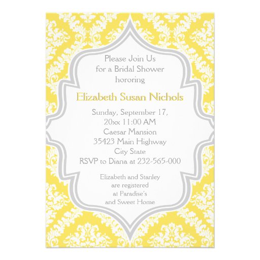 Lemon yellow, grey damask wedding bridal shower custom invitations