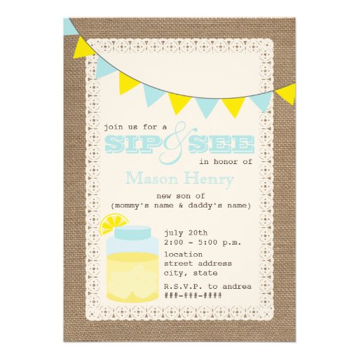Lemonade Burlap Inspired Sip And See Baby Boy Custom Invitation