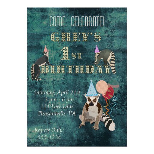 Lemurs Navy Birthday Invitation