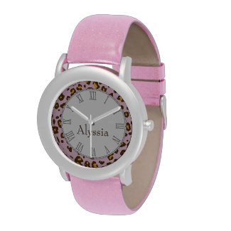 Leopard animal print pink name wrist watch