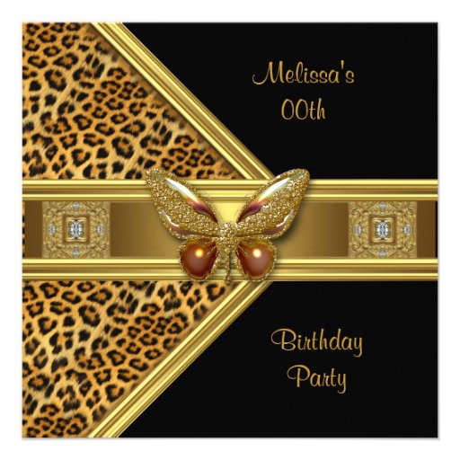 Leopard Black Gold Butterfly Image Birthday Party Announcement
