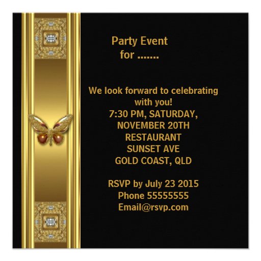 Leopard Black Gold Butterfly Image Birthday Party Announcement