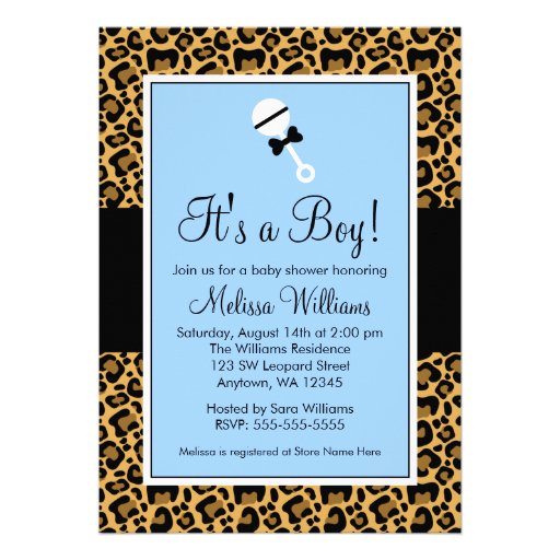 Leopard Blue Rattle Baby Shower Invitations