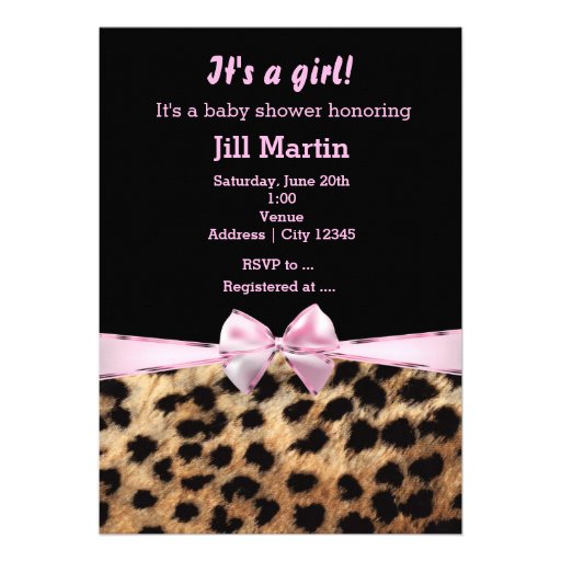 Leopard Cheetah Black Pink Bow Girls Invitation