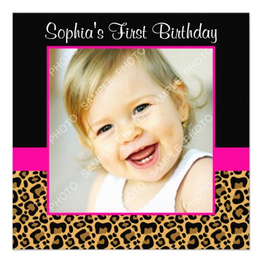 Leopard Hot Pink Girls Photo 1st Birthday Party Custom Invitations