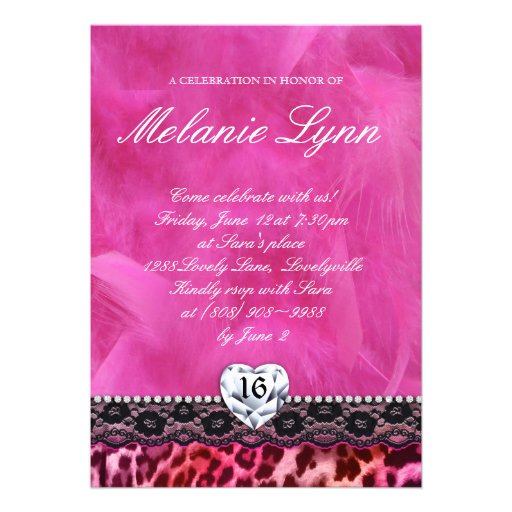 Leopard Lace Sweet 16 Party Invite Heart Pink