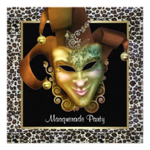 Leopard Mask Black and Gold Masquerade Party Personalized Invite