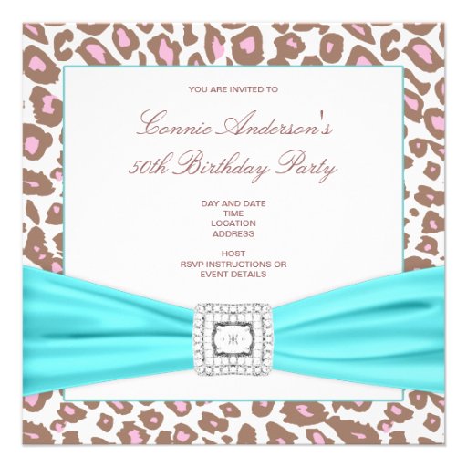 Leopard Pink Brown Teal Womans 50th Birthday Party Invites