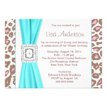 Leopard Pink Brown Teal Womans 50th Birthday Party Personalized Invitations
