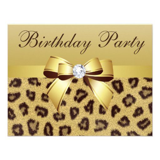Leopard Print, Bow & Diamond Birthday Party Personalized Announcement