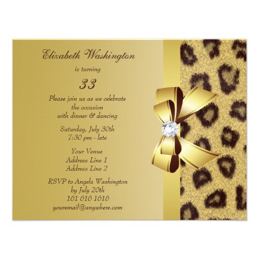Leopard Print, Bow & Diamond Birthday Party Personalized Announcement