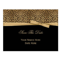 Leopard Print Bow Ribbon on Black Save The Date Post Cards