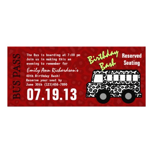 Leopard Print Bus Pass Birthday Party Custom Invite