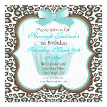 leopard print cupcake teal birthday party invites