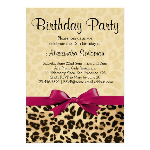 Leopard Print Fuchsia Pink Bow Girl Birthday Party Personalized Invites