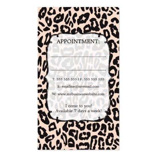 Leopard Print Glam Hair Stylist Appointment Cards Business Card Templates (back side)