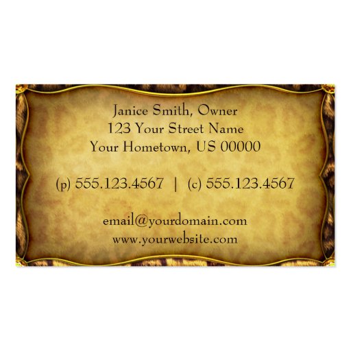 Leopard Print Gold Leopard Heads Business Card Templates (back side)