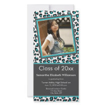 Leopard Print Graduation Photo Announcement (aqua) photo cards