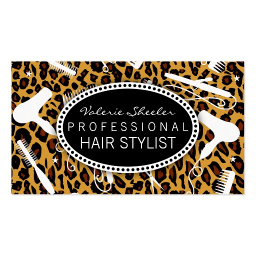 Leopard Print Hair Salon Tools Business Card Templates (front side)