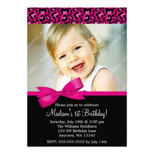 Leopard Print Pink Bow 1st Birthday Girl Photo Announcement