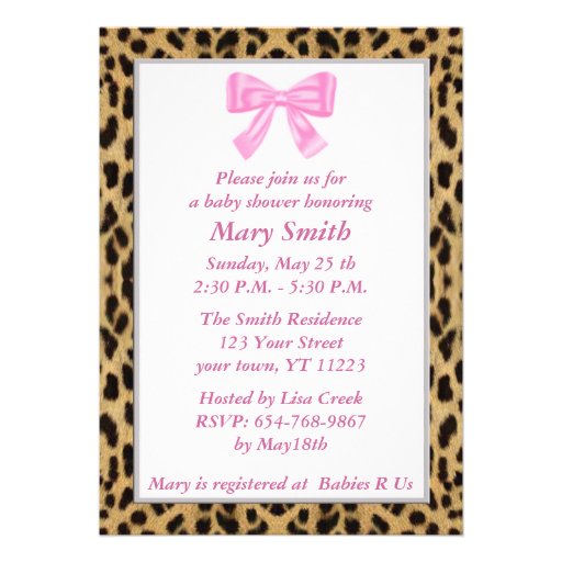 Leopard Print Pink Bow Baby Shower Invitation