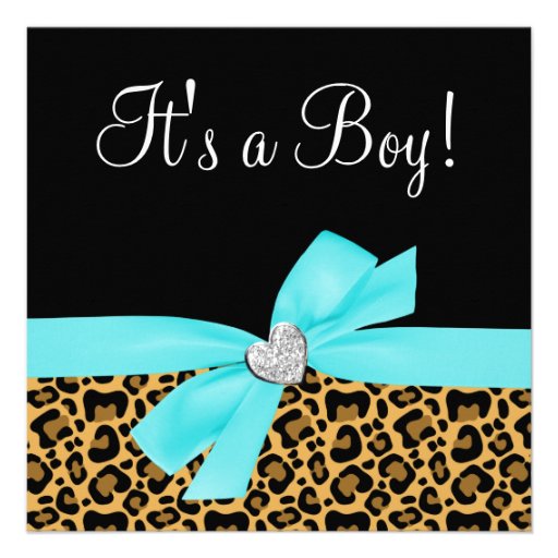 Leopard Print Pink Bow Diamond Boy Baby Shower Custom Announcements