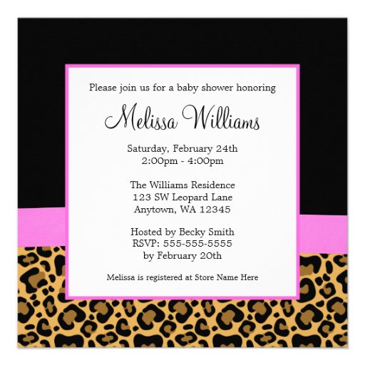 Leopard Print Pink Bow Diamond Girl Baby Shower Personalized Invitations