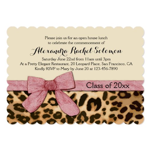Leopard Print Pink Bow Graduation/Party Invitation 5" X 7" Invitation Card (front side)