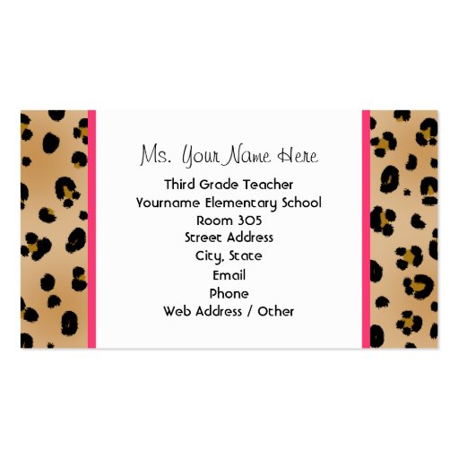 Leopard Print Pink Schoolhouse Teacher Business Card Template (back side)