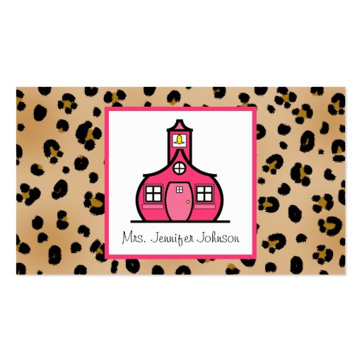 Leopard Print Pink Schoolhouse Teacher Business Card Template