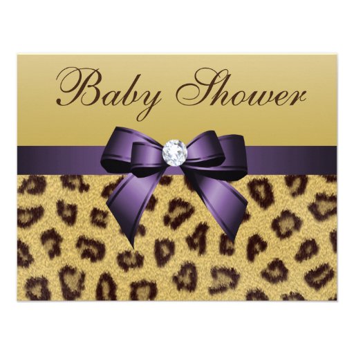 Leopard Print, Purple Bow Baby Shower Custom Invitations