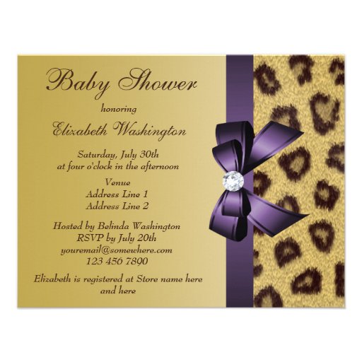 Leopard Print, Purple Bow Baby Shower Custom Invitations