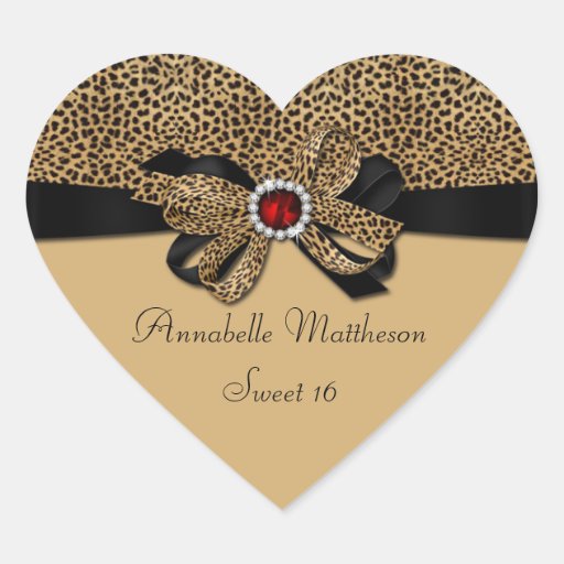 Leopard Print Red Jewel Diamonds Sweet 16 Heart St Heart Sticker