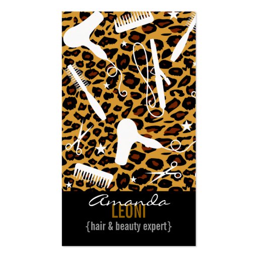 Leopard Print Salon Tools Vertical Business Card (front side)