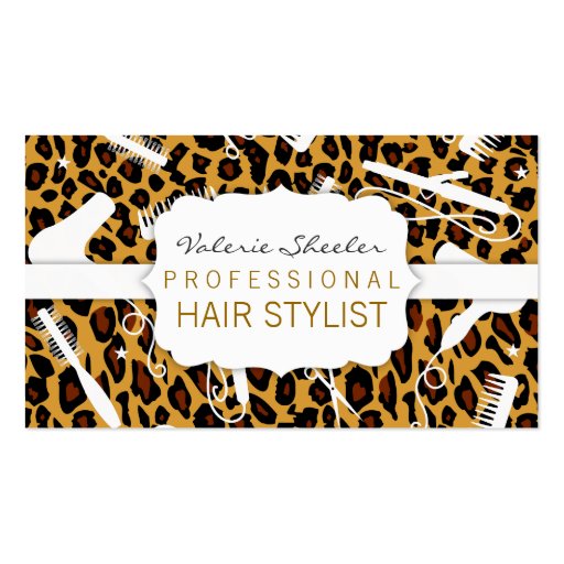 Leopard Print & White Hair Salon Tools Business Cards (front side)