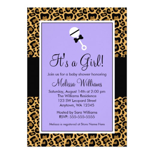 Leopard Purple Rattle Baby Shower Invitations from Zazzle.com