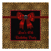 Leopard Red Bow Womans 40th Birthday Custom Announcement