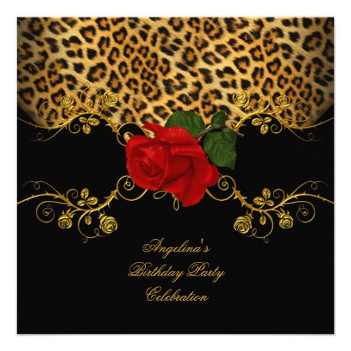 Leopard Roses Red Black Gold Birthday Party Custom Invitation