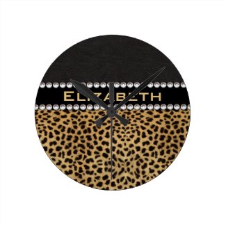 Leopard Spot Rhinestone Diamonds Monogram Round Clocks