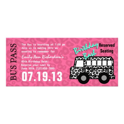 Leopard Spots Bus Pass Birthday Party Custom Invites (front side)