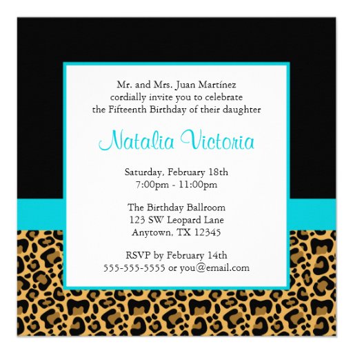 Leopard Teal Blue Photo Quinceanera Invitations