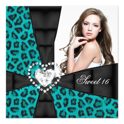 Leopard Teal Blue Sweet 16 Sixteen Birthday Party Personalized Invites