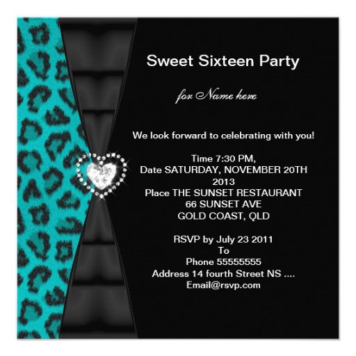 Leopard Teal Blue Sweet 16 Sixteen Birthday Party Personalized Invites